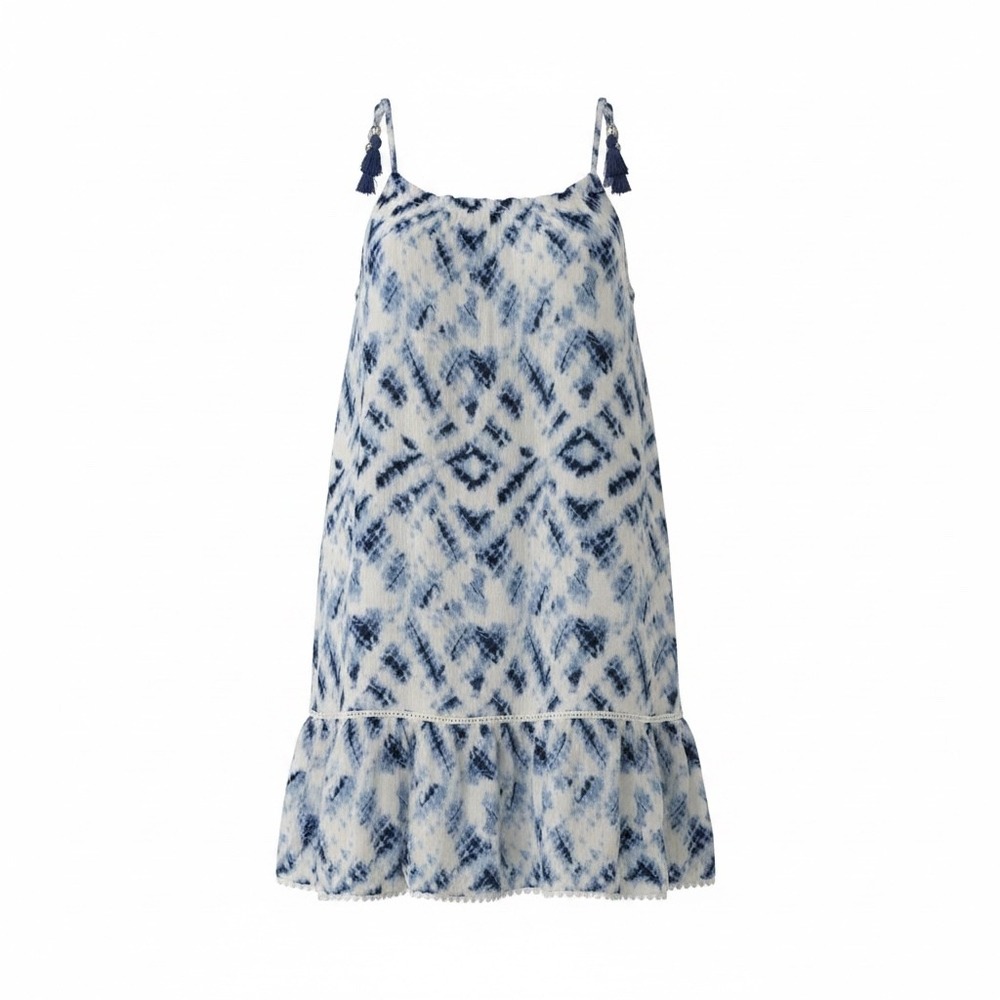 Tommy Bahama Tie Dye Sundress Girls 8 Blue Tassel Pom Pom Ruffle Boho Coastal